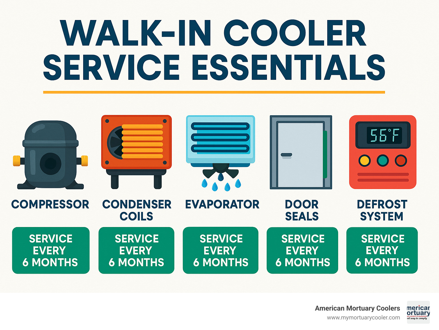 Walk-in cooler service essentials showing the main components requiring maintenance: compressor, condenser coils, evaporator, door seals, and defrost system with recommended service intervals - walk in cooler service infographic 