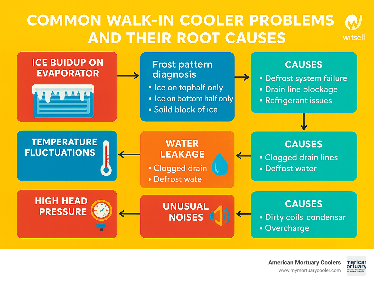 Common walk-in cooler problems and their root causes with troubleshooting flowchart - walk in cooler service infographic 