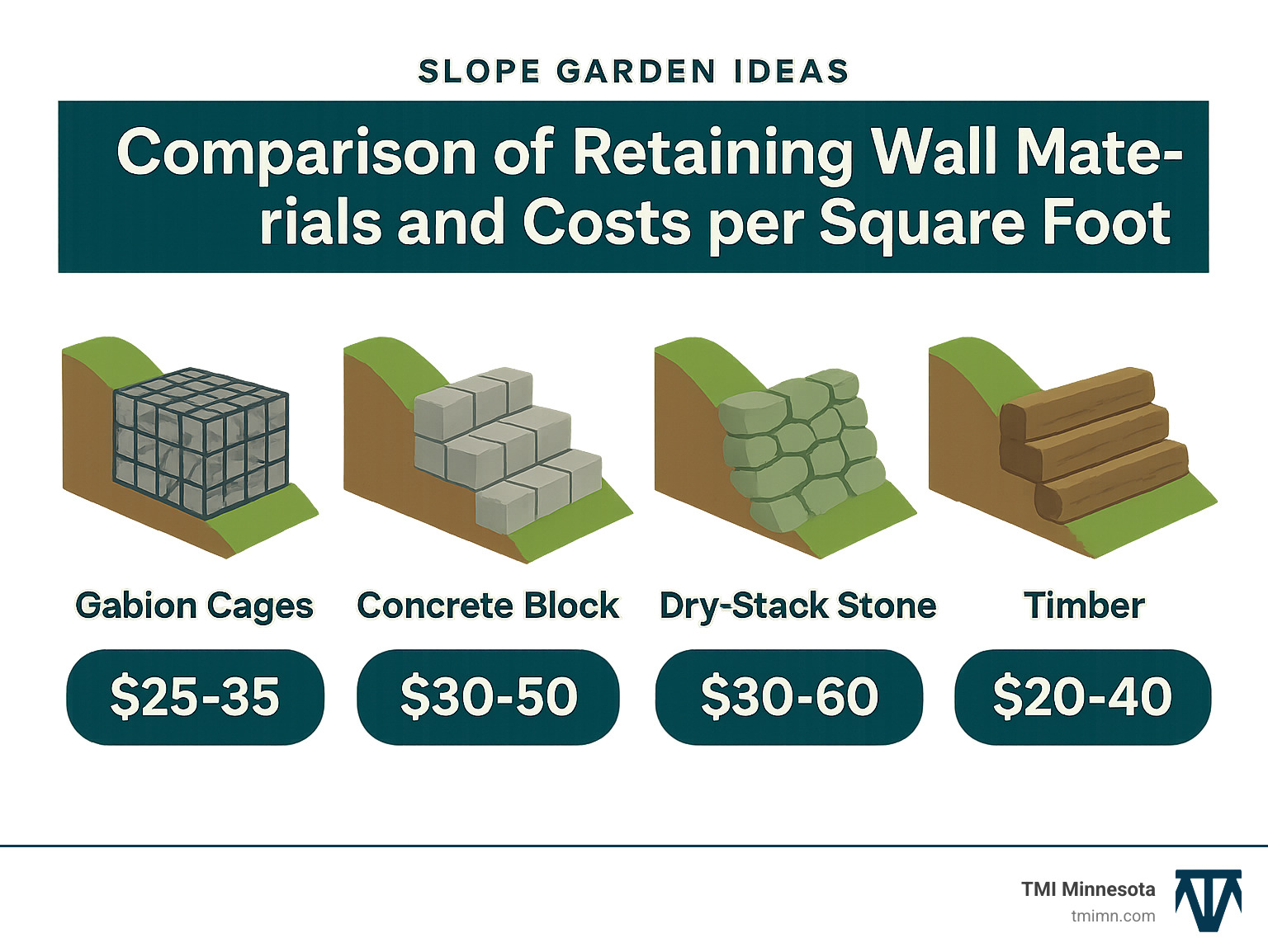 Comparison of retaining wall materials and costs per square foot - Slope garden ideas infographic 