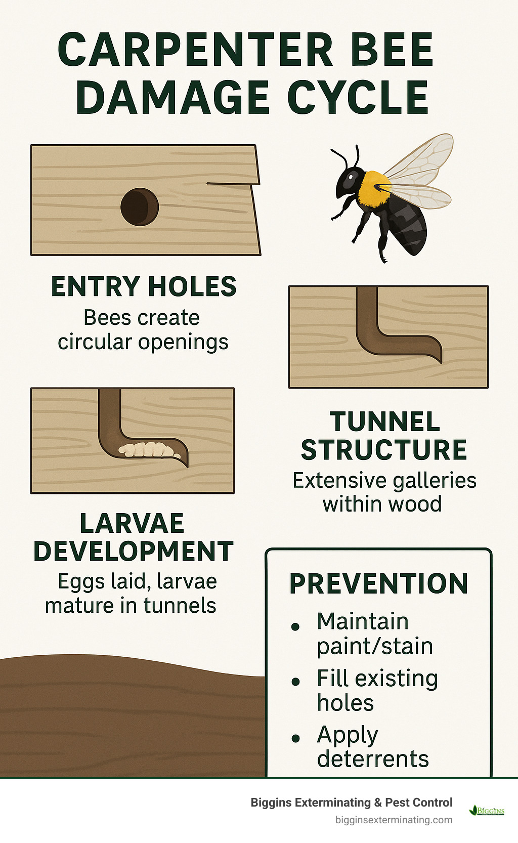 Carpenter bee damage cycle showing entry holes, tunnel structure, larvae development, and prevention methods - carpenter bees wood siding infographic
