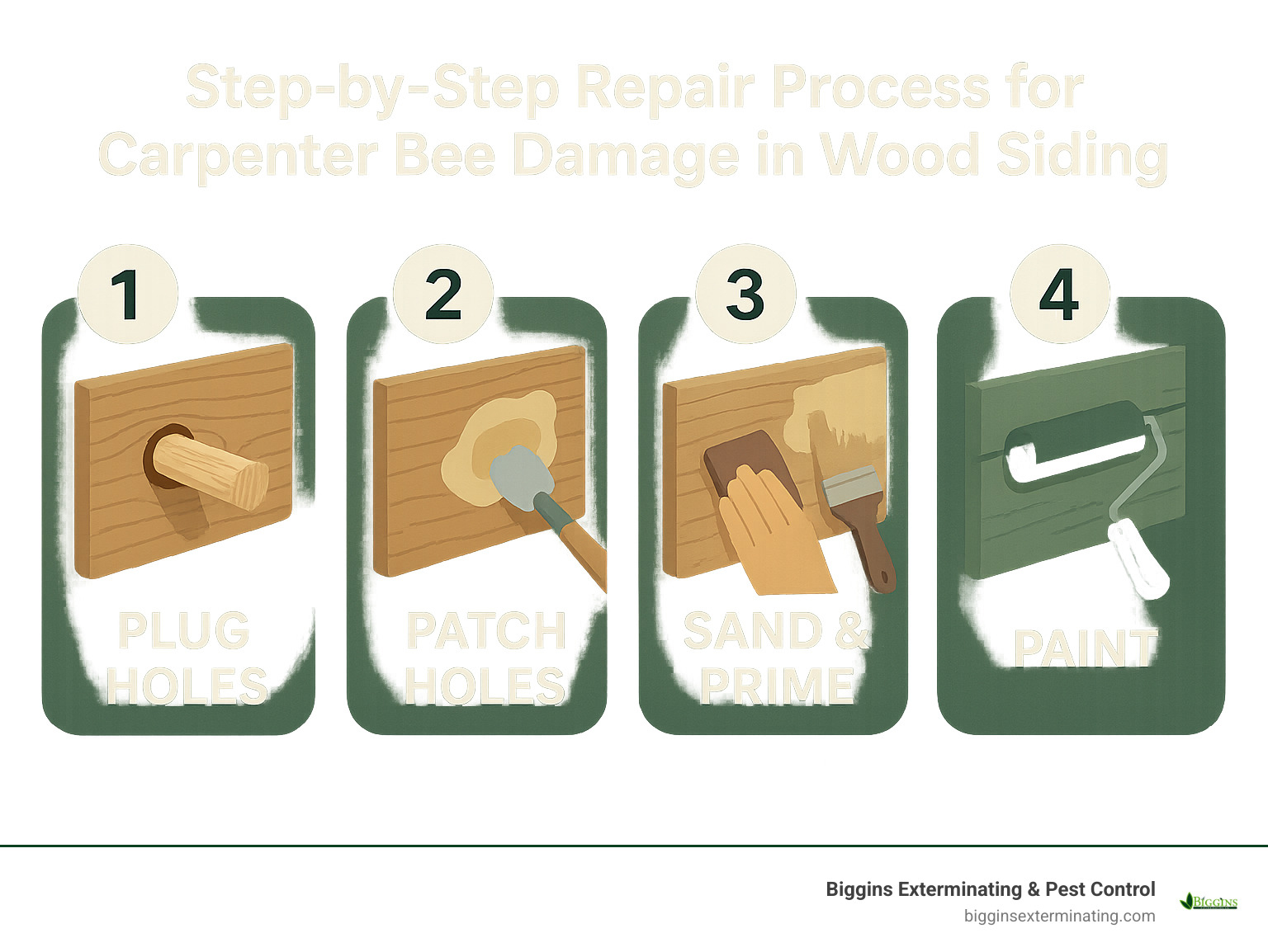 Step-by-step repair process for carpenter bee damage in wood siding - carpenter bees wood siding infographic