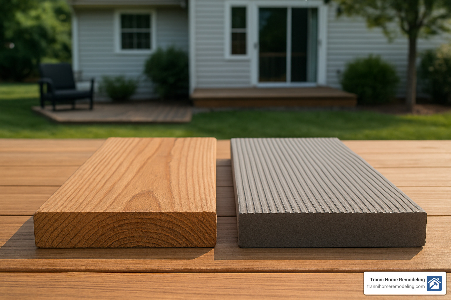 wood and composite decking material samples side by side - Deck Builders Near Me