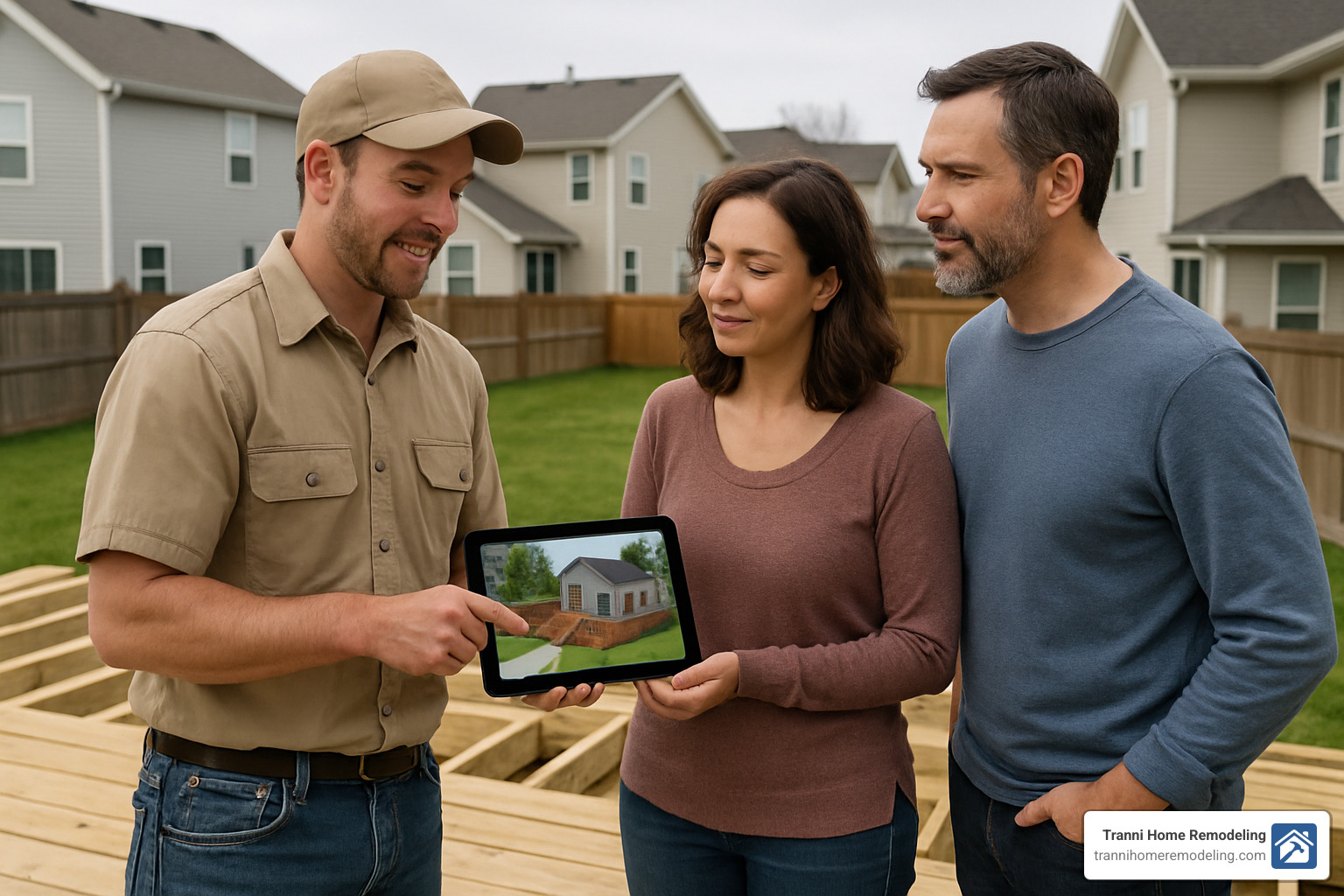 contractor showing 3D deck rendering on tablet to homeowners - Deck Builders Near Me