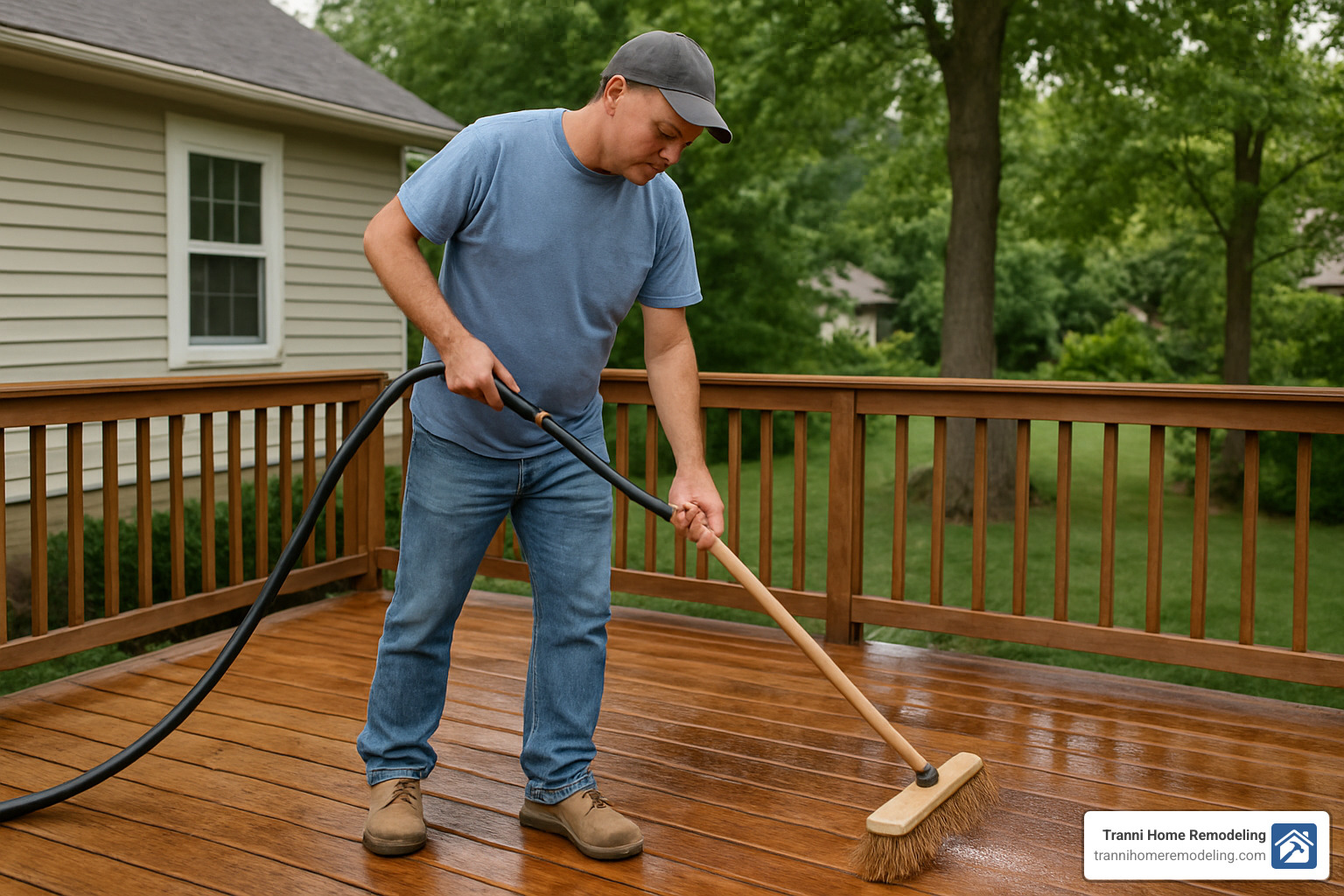 homeowner cleaning and maintaining a wooden deck - Deck Builders Near Me