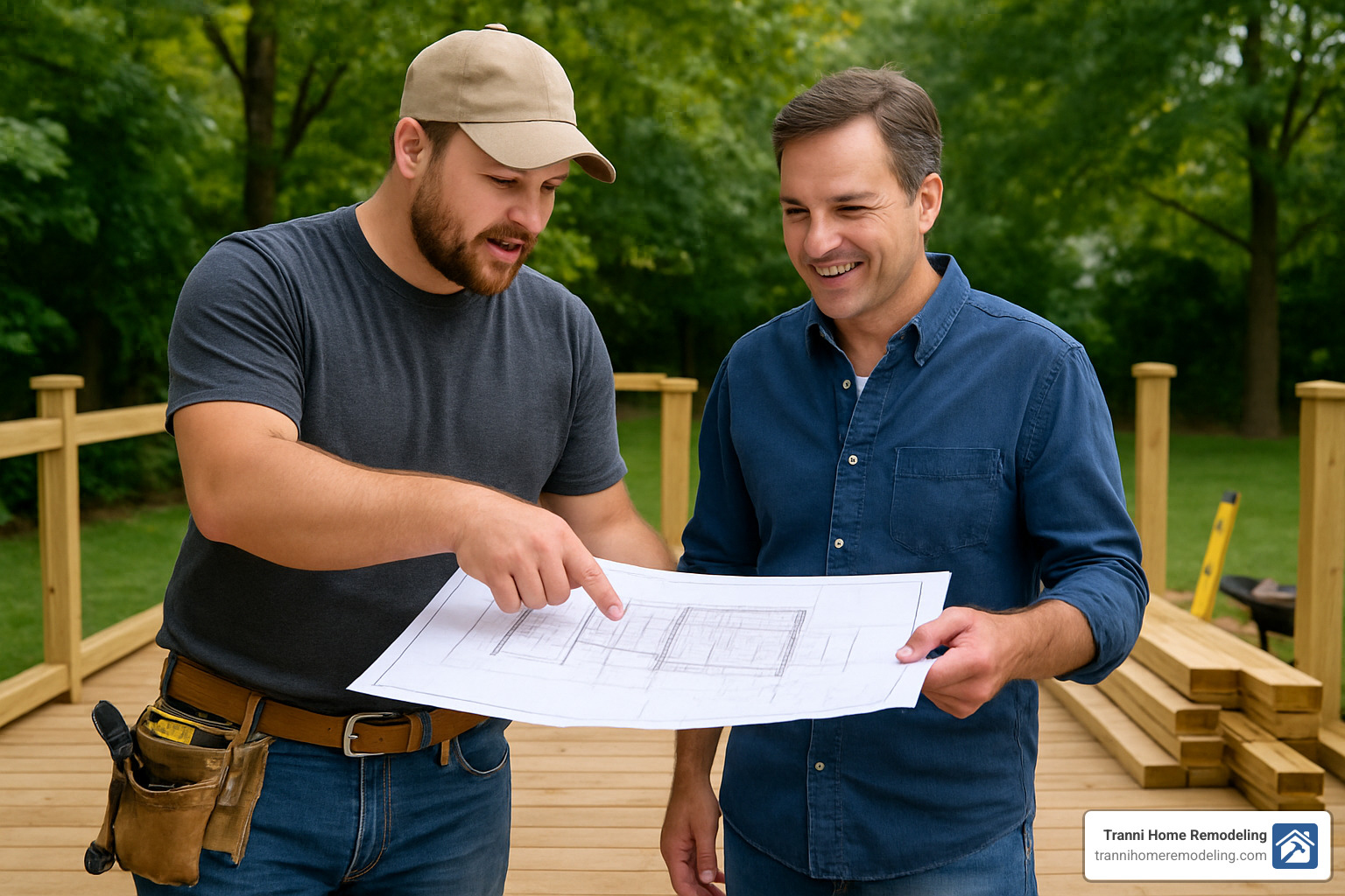 contractor reviewing deck blueprints with homeowner - Deck Builders Near Me