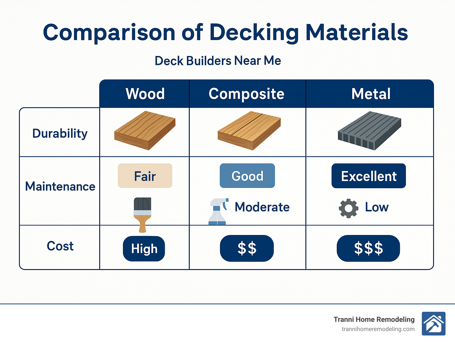 Comparison of decking materials showing durability, maintenance requirements, and cost ranges for wood, composite, and metal options - Deck Builders Near Me infographic 