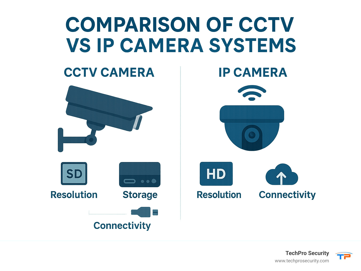 Comparison of CCTV vs IP camera systems showing resolution, storage, and connectivity differences - CCTV installation Miami infographic 