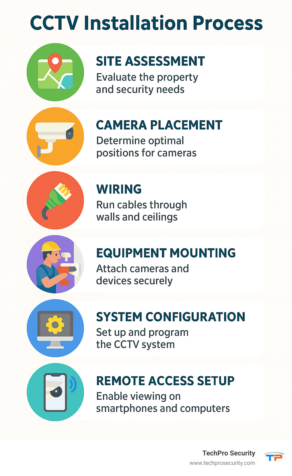 CCTV installation process showing site assessment, camera placement, wiring, equipment mounting, system configuration, and remote access setup - CCTV installation Miami infographic 