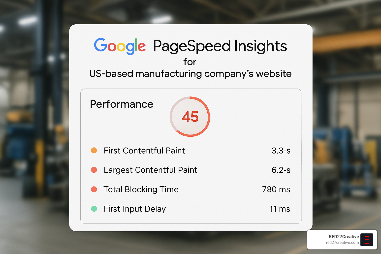 How Manufacturers Can Win Big with Local SEO • local seo for manufacturers • RED27Creative PageSpeed Insights results for a manufacturing website - local seo for manufacturers