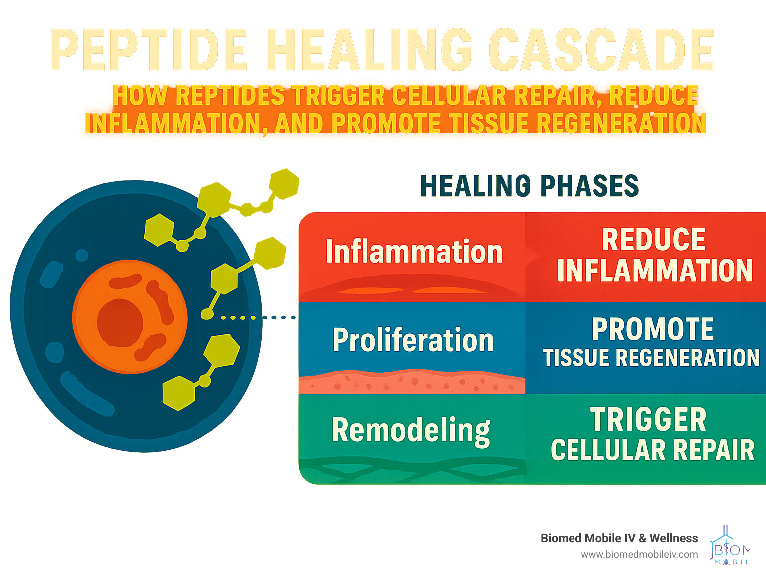 Peptide healing cascade showing how peptides trigger cellular repair, reduce inflammation, and promote tissue regeneration with timeline of healing phases - Peptides for injury recovery infographic 