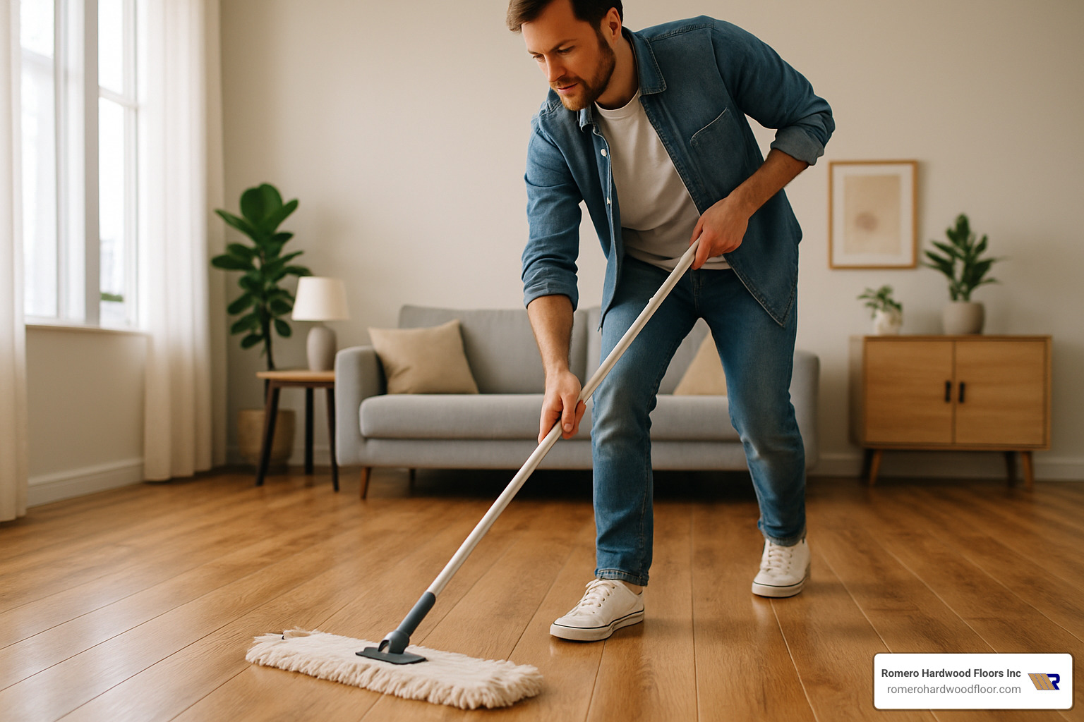 homeowner gently cleaning hardwood floor - best lacquer for wood floors