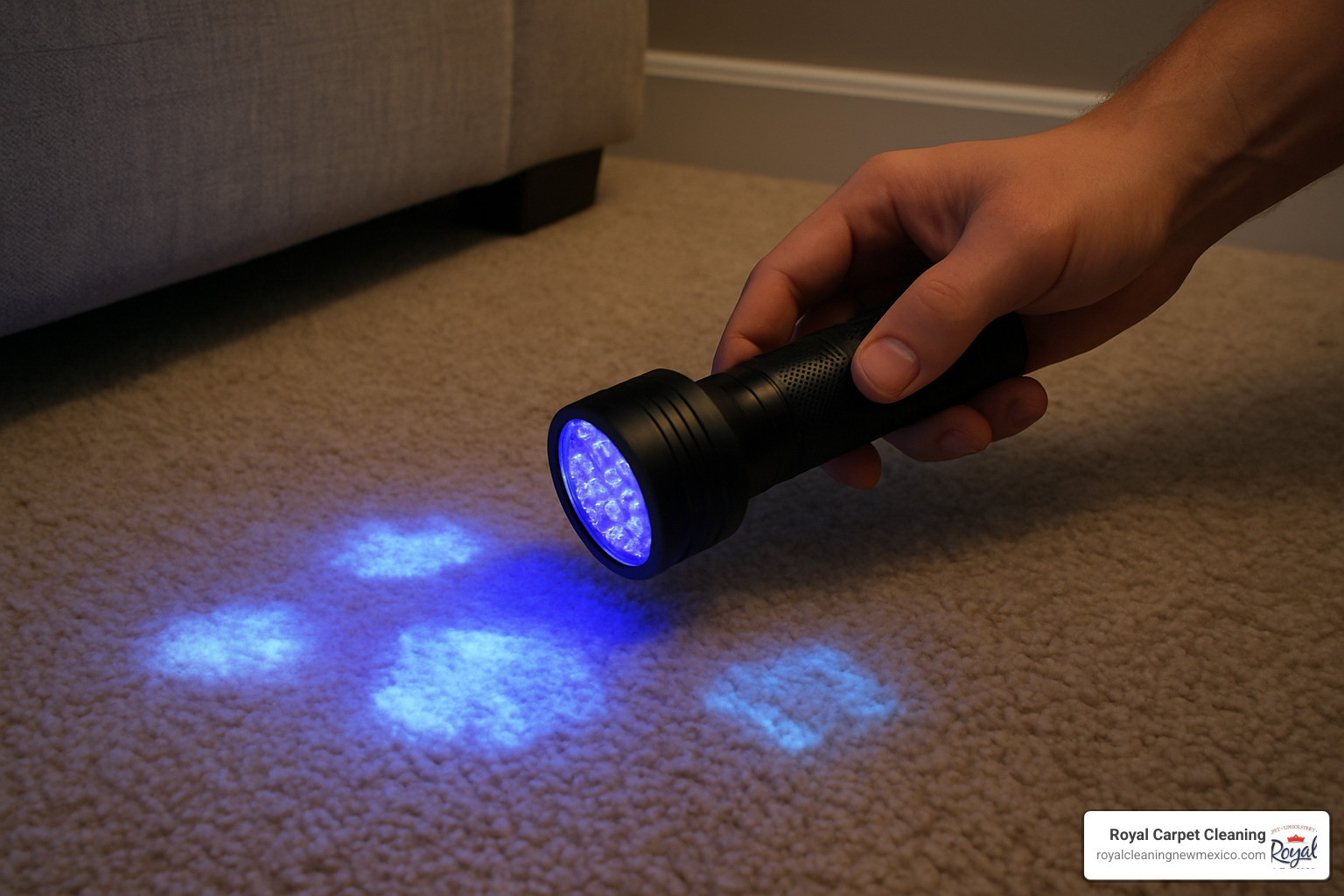 black light showing pet stains on carpet - carpet pet stain removal