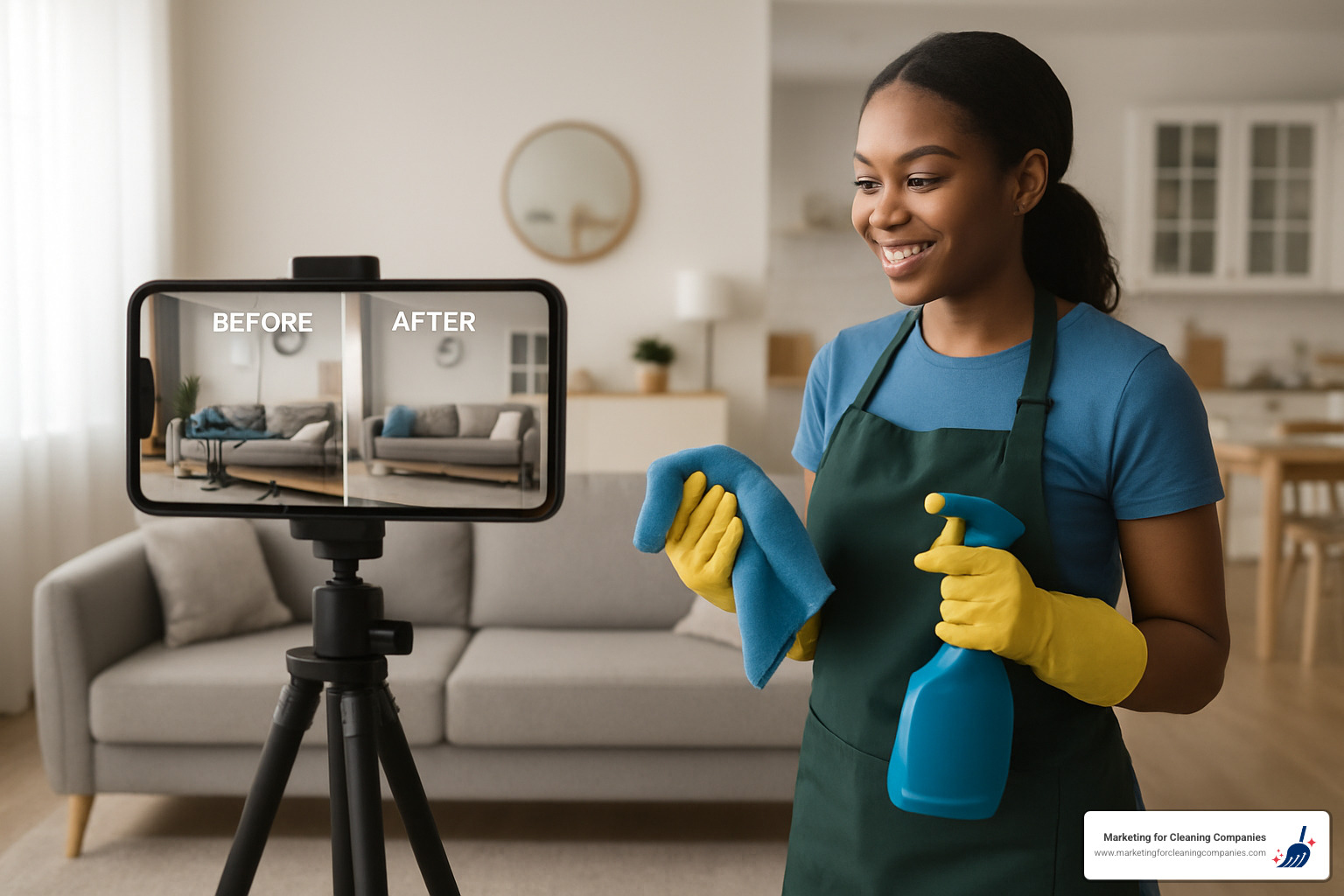 Cleaning professional filming before-after video for content marketing - local seo for cleaning company