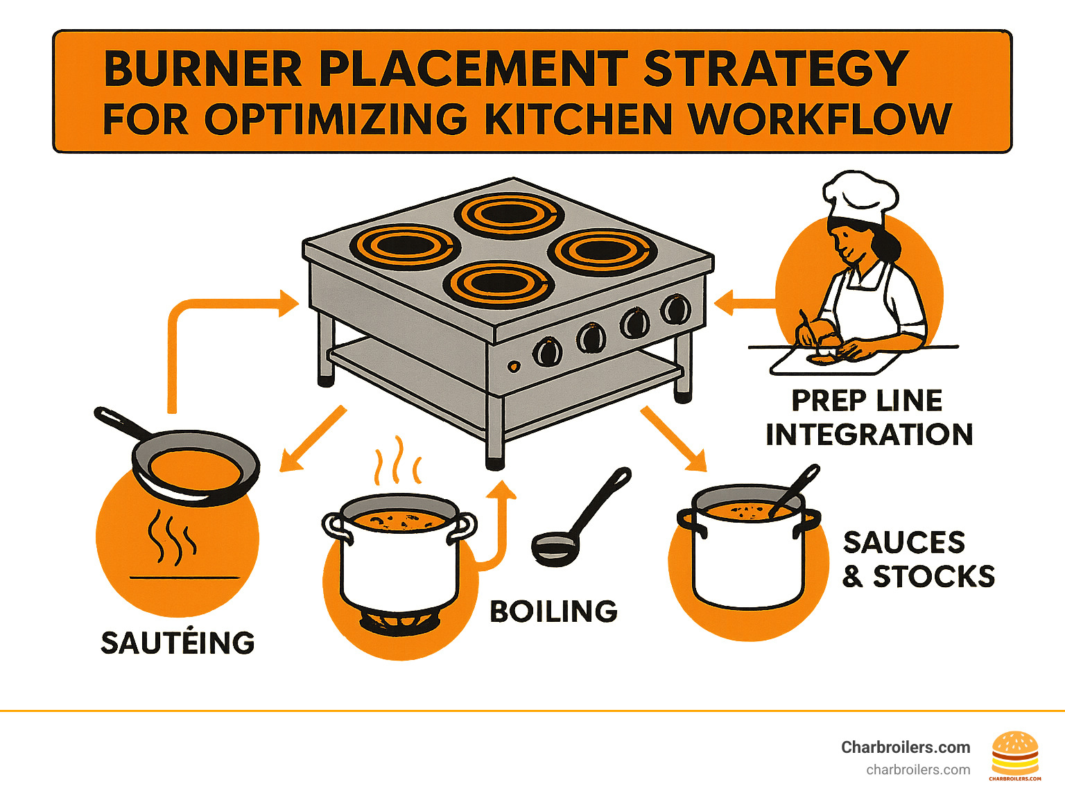 burner placement strategy for optimizing kitchen workflow - commercial hot plates infographic 
