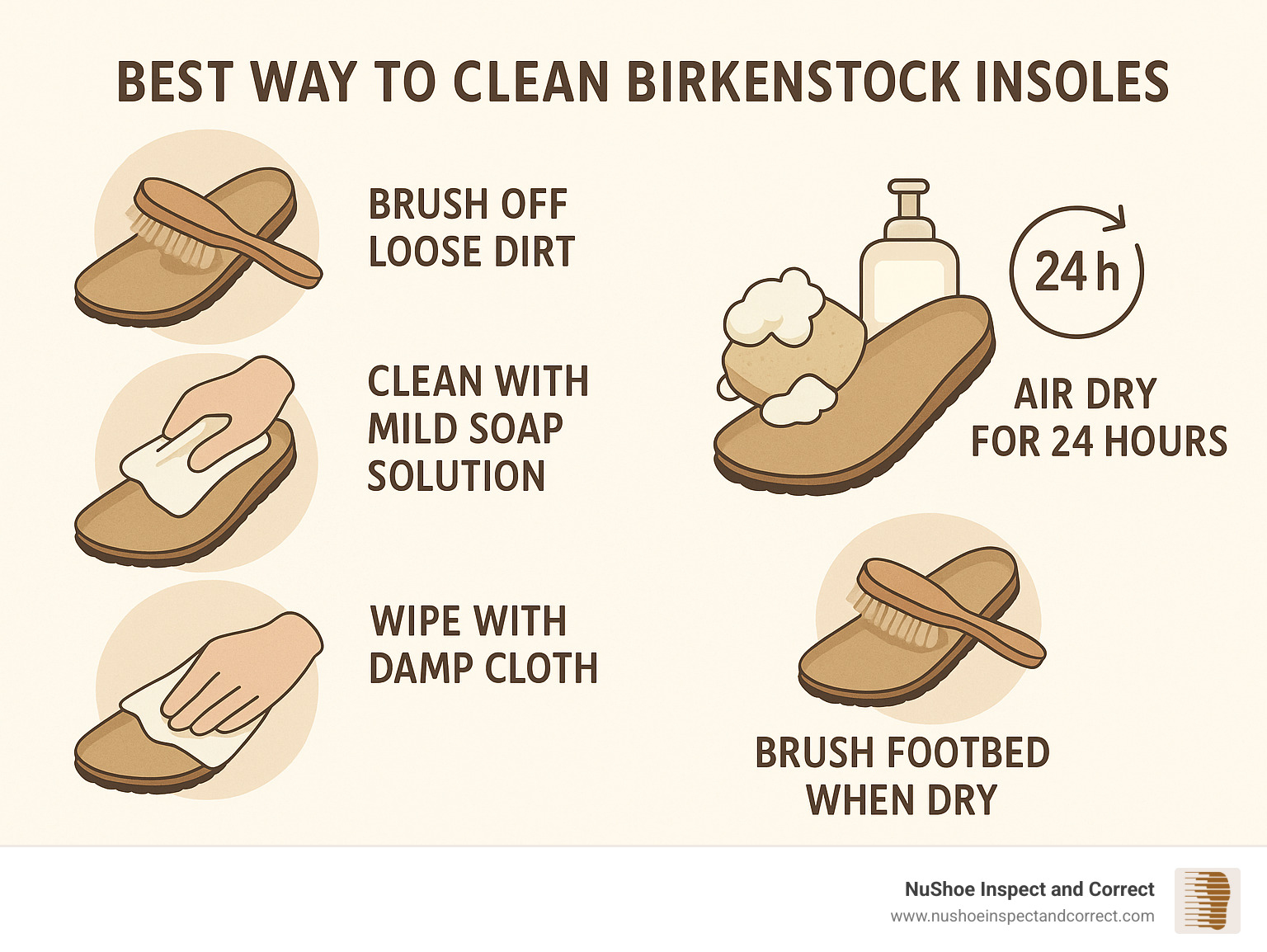 Step-by-step Birkenstock insole cleaning process showing brushing, cleaning with mild soap solution, wiping with damp cloth, air drying for 24 hours, and finishing with footbed brushing to restore texture - best way to clean birkenstock insoles infographic 