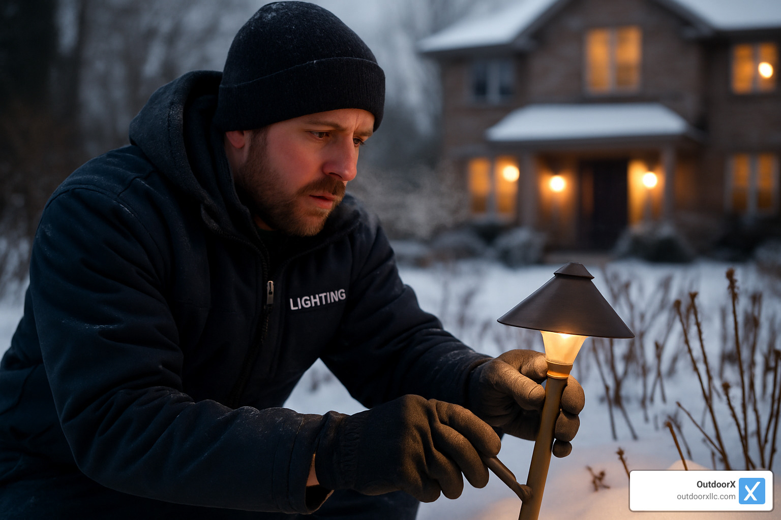 Technician adjusting landscape lighting fixture in winter conditions - landscape lighting gloucester ma