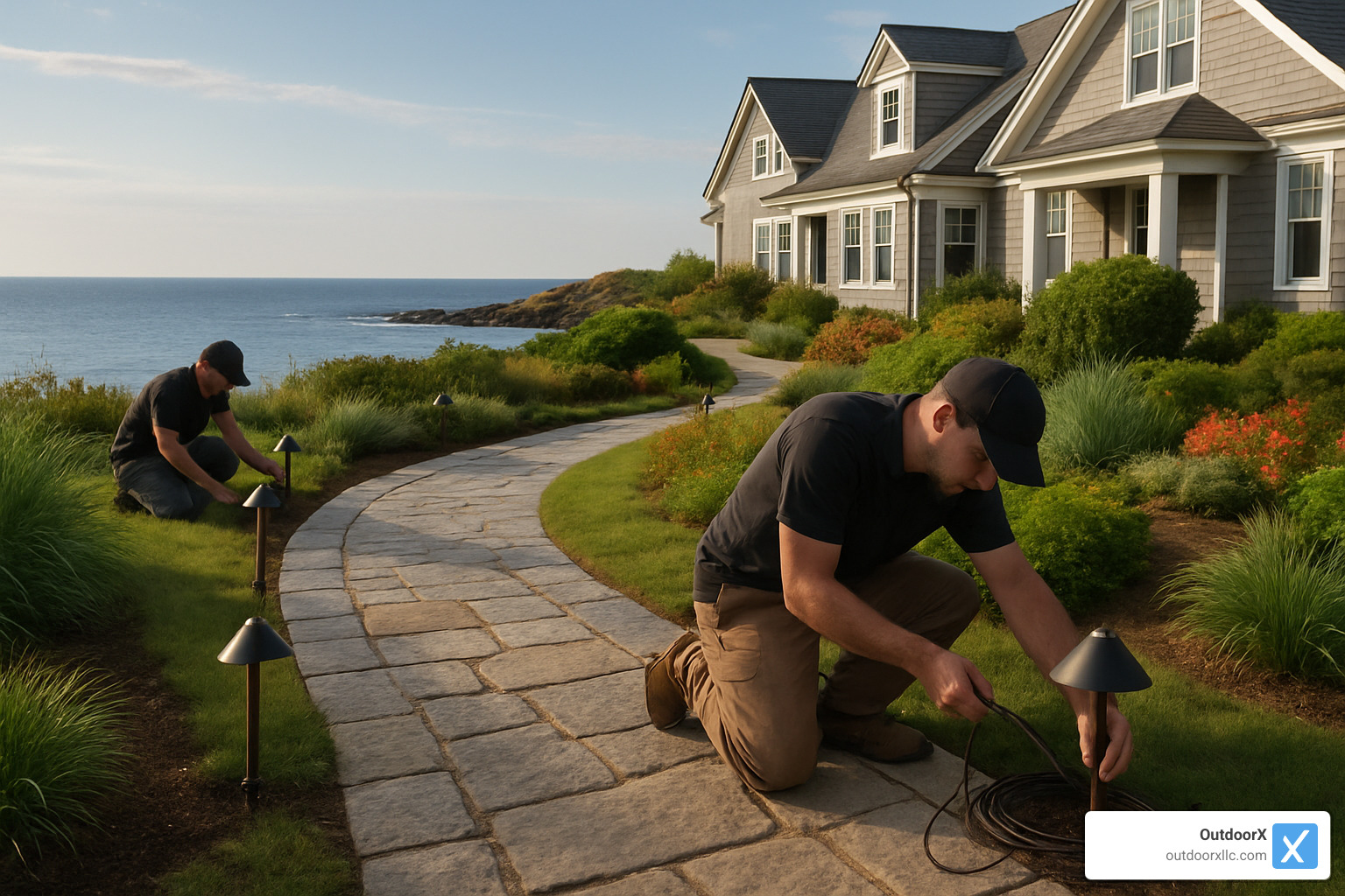 Landscape lighting installers working on a coastal property - landscape lighting gloucester ma
