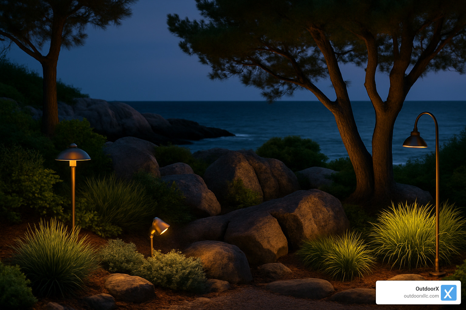 Various landscape lighting fixtures installed in a coastal garden setting - landscape lighting gloucester ma