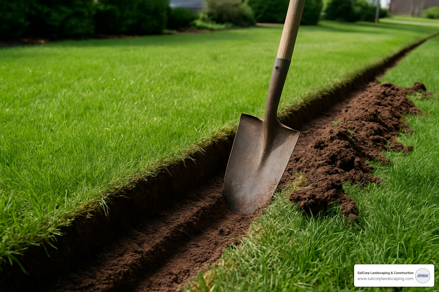 trench being cut for cedar lawn edging installation - cedar lawn edging installation