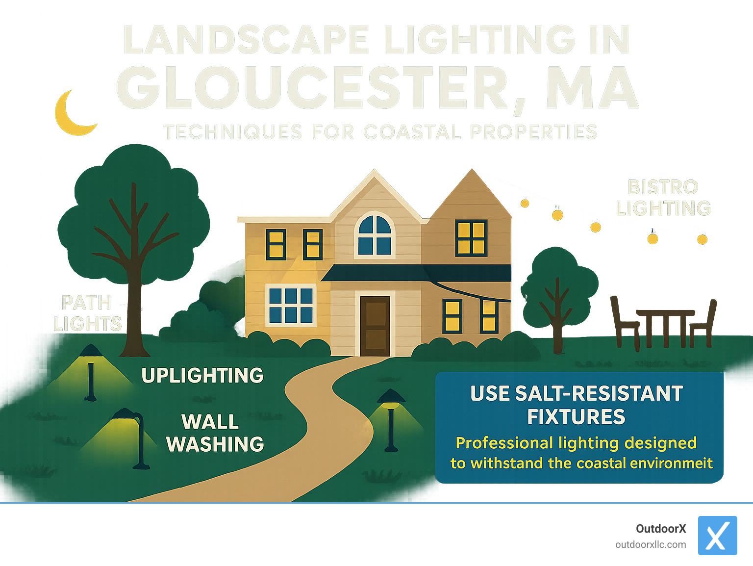 Comprehensive diagram showing landscape lighting techniques for coastal properties including path lights, uplighting, wall washing, and bistro lighting with specific fixture placement recommendations for Gloucester properties - landscape lighting gloucester ma infographic