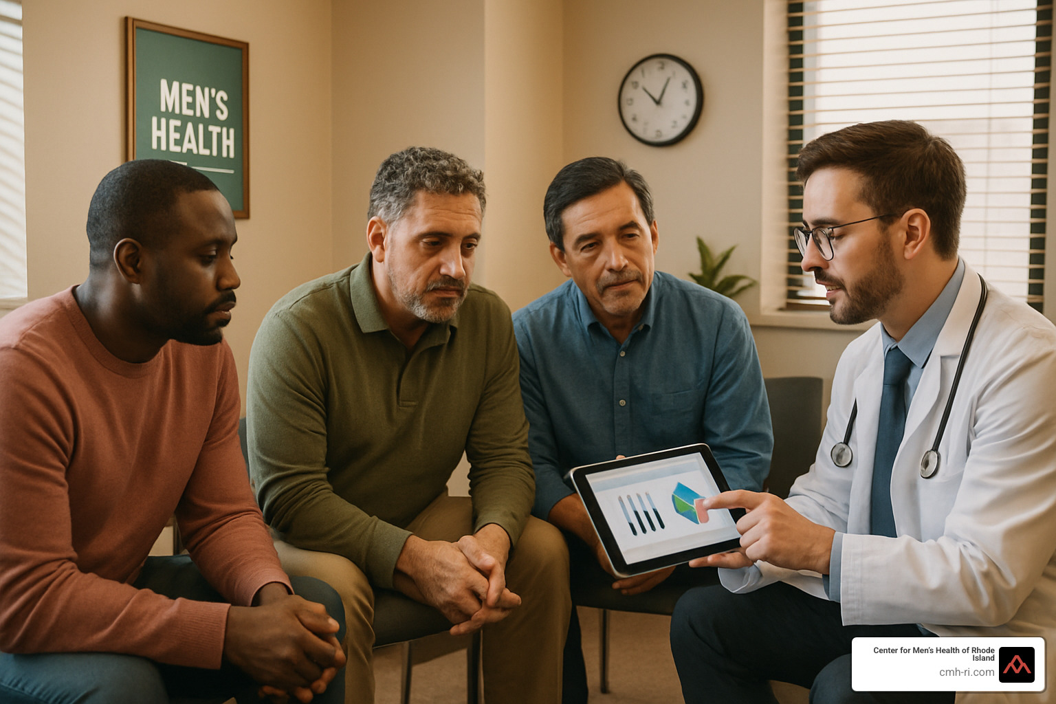 men discussing health assessment results with doctor - men's health risk assessment tool