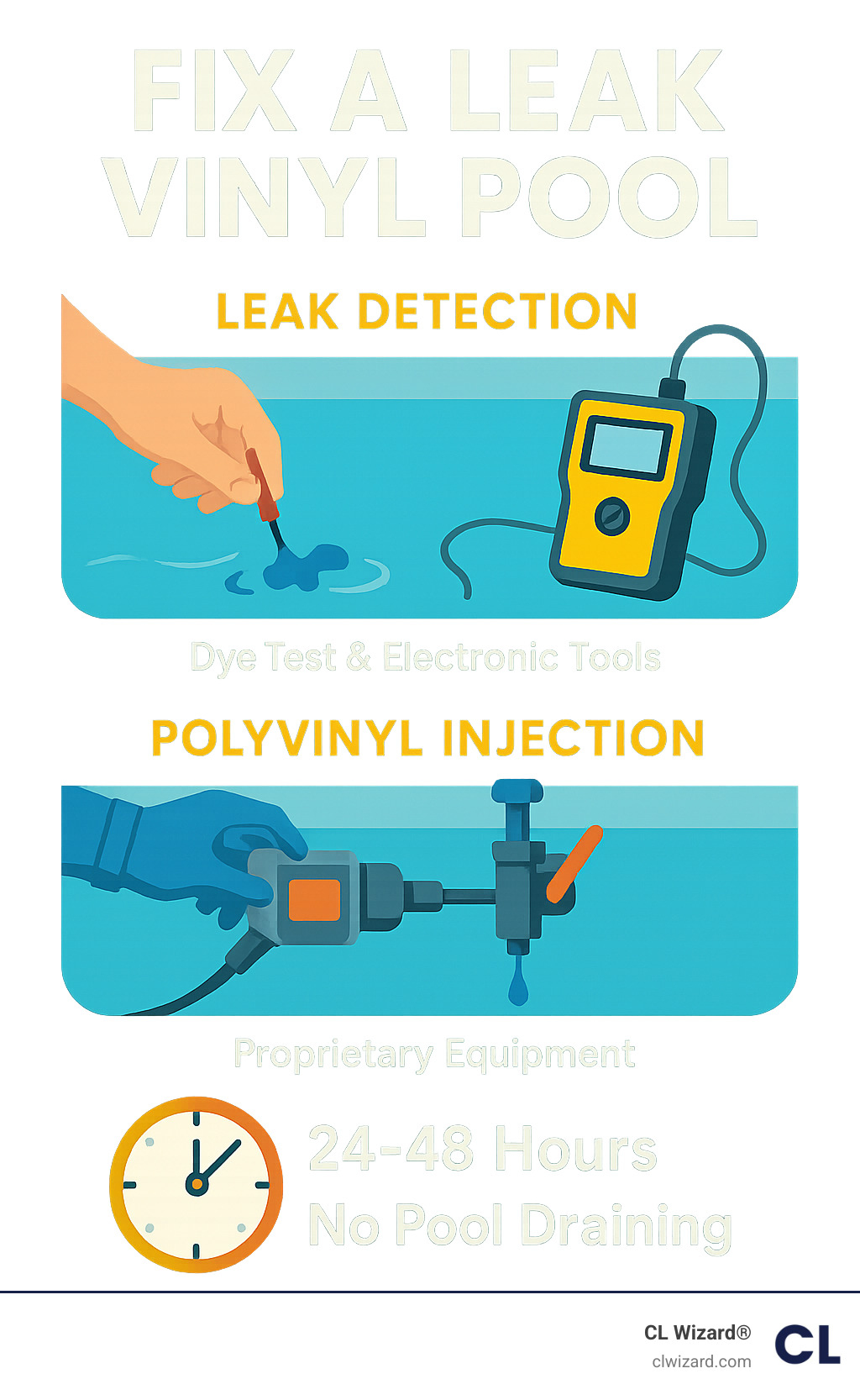 Detailed infographic showing vinyl pool leak repair process with three stages: 1) Leak detection using dye test and electronic tools, 2) Polyvinyl injection method using proprietary equipment, 3) Curing process with timeline showing 24-48 hour completion without draining the pool - fix a leak vinyl pool infographic 