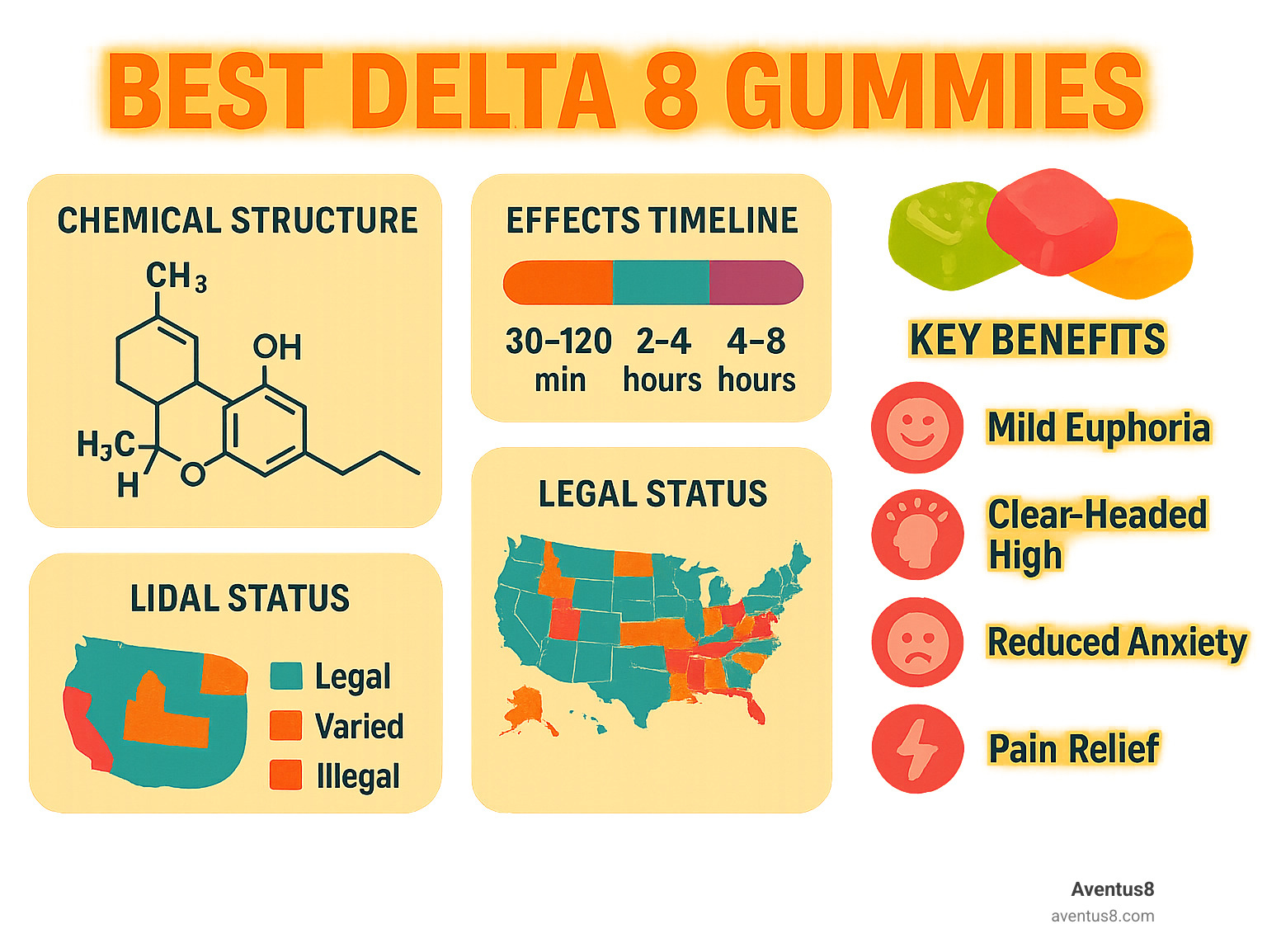 Comparison of Delta 8 gummies showing the chemical structure, effects timeline (onset 30-120 minutes, peak 2-4 hours, duration 4-8 hours), legal status by state with color-coded map, and key benefits including mild euphoria, clear-headed high, reduced anxiety, and pain relief - Best Delta 8 gummies infographic 
