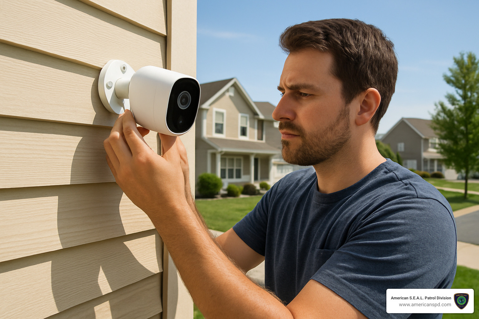 Homeowner installing security camera on exterior wall - home security cameras systems
