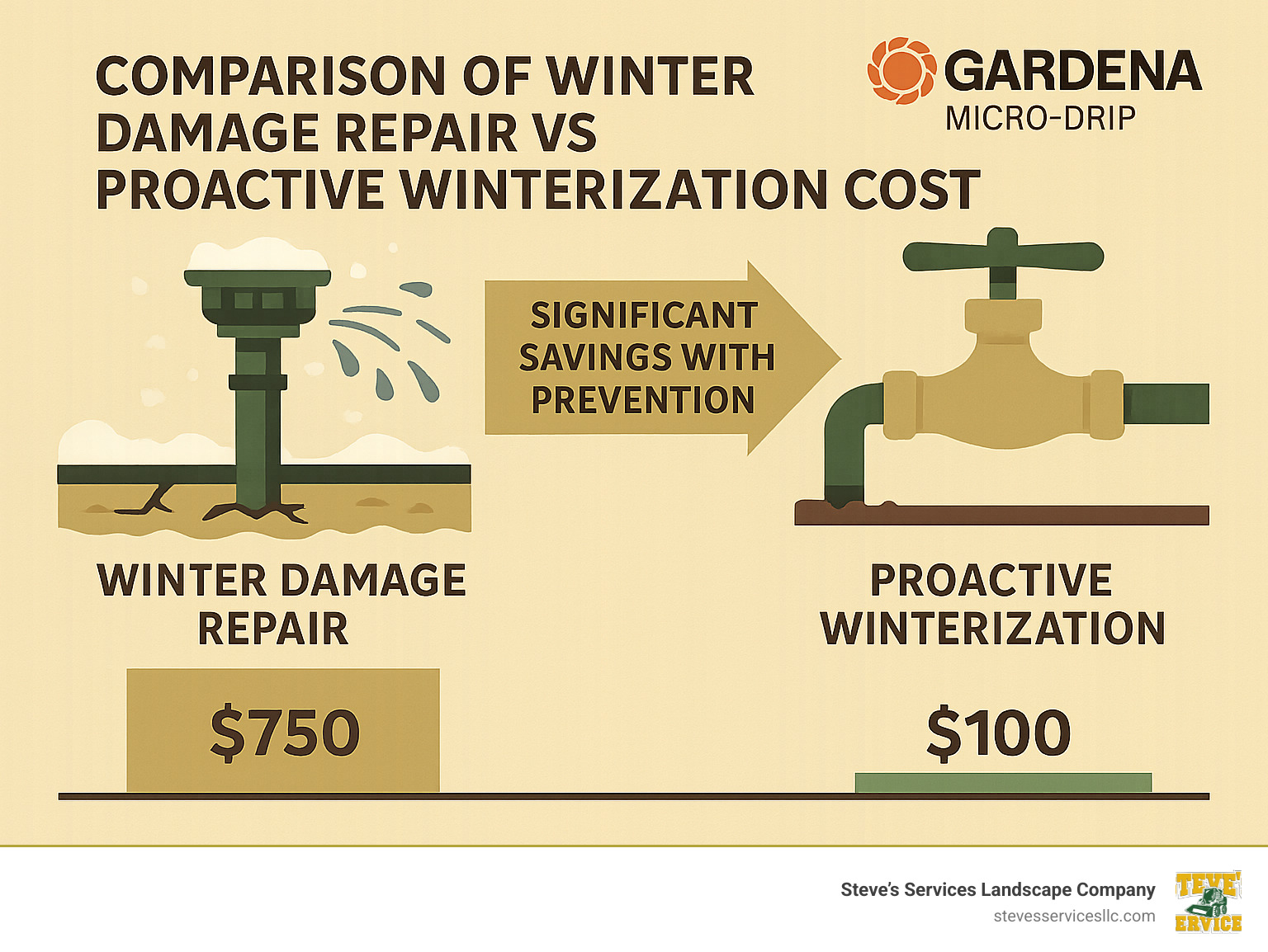 Comparison of winter damage repair vs proactive winterization cost showing significant savings with prevention - gardena micro drip winter infographic 