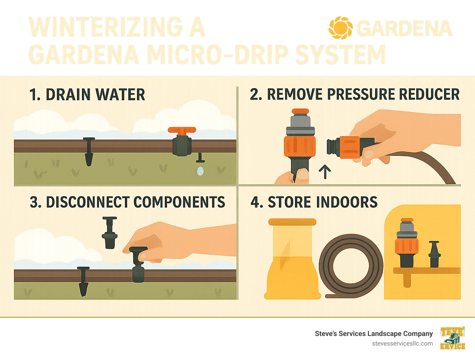 Step by step process for winterizing a Gardena micro-drip system showing drain valve locations, component removal sequence, and proper storage techniques - gardena micro drip winter infographic 