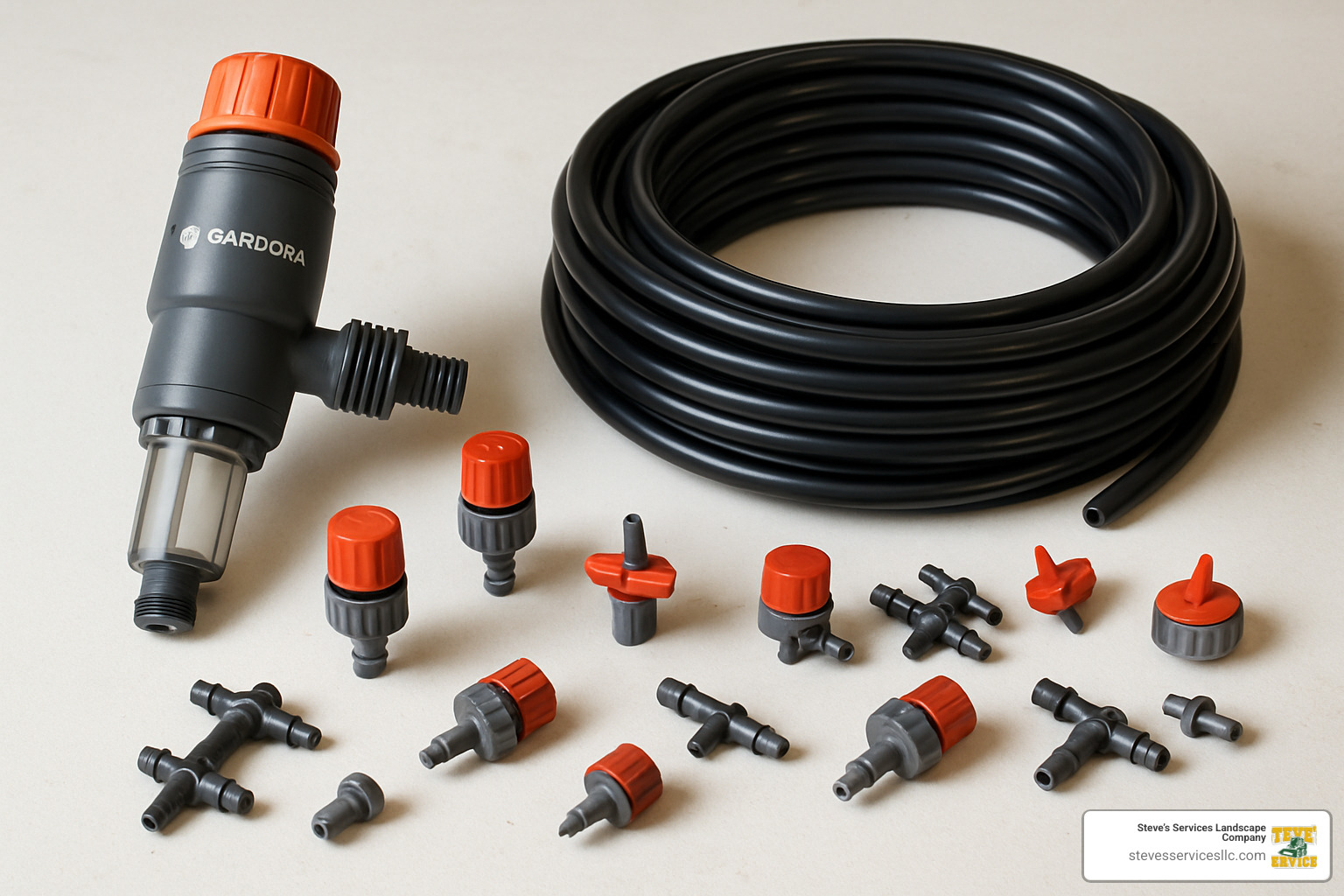 Gardena micro drip system components laid out showing pressure reducer, filter, tubing, and various emitters - gardena micro drip winter