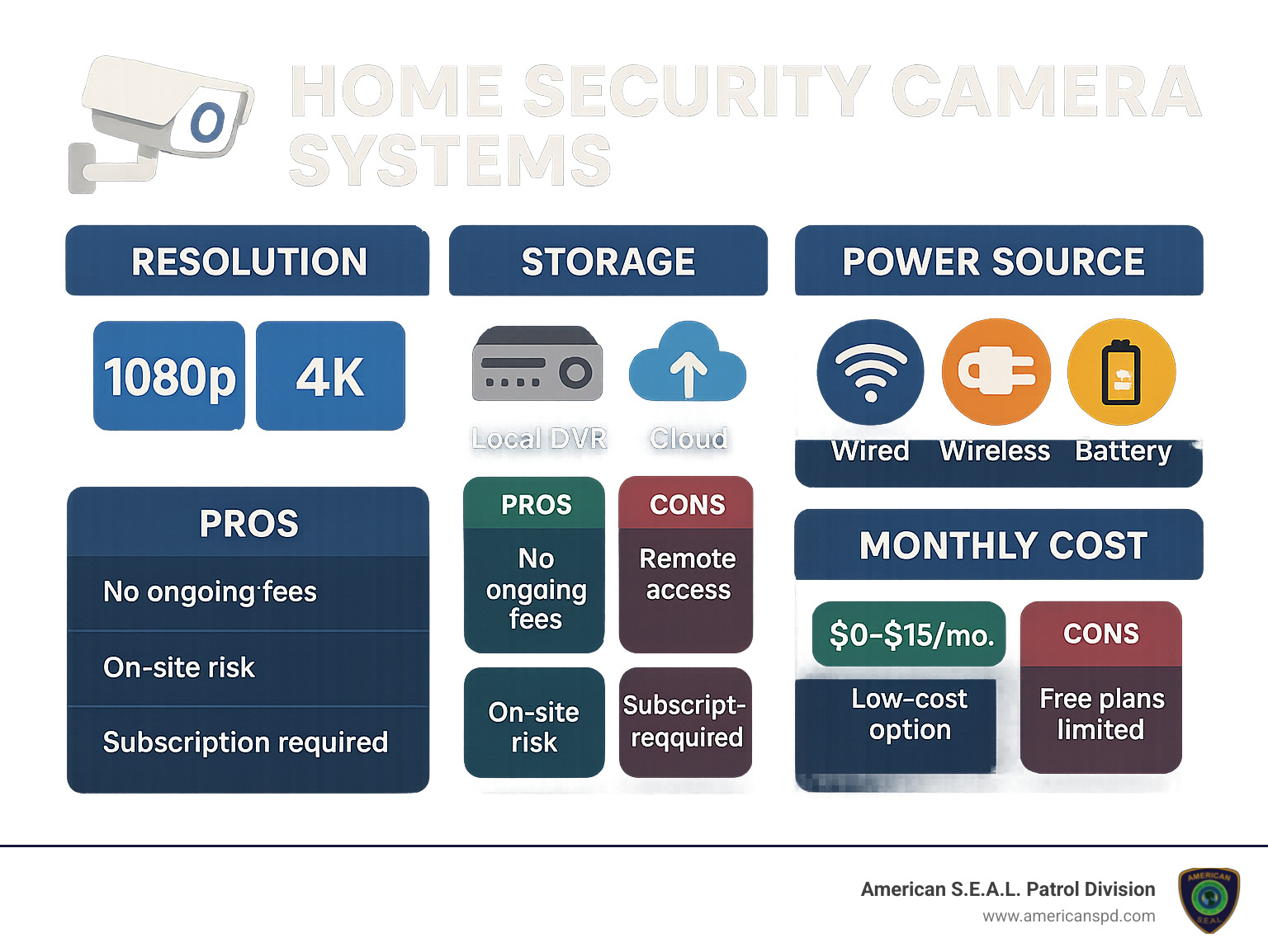 Comparison of home security camera systems showing resolution options (1080p to 4K), storage types (local DVR vs. cloud), power sources (wired, wireless, PoE, battery), and monthly costs ($0-15/month) with pros and cons of each option - home security cameras systems infographic 