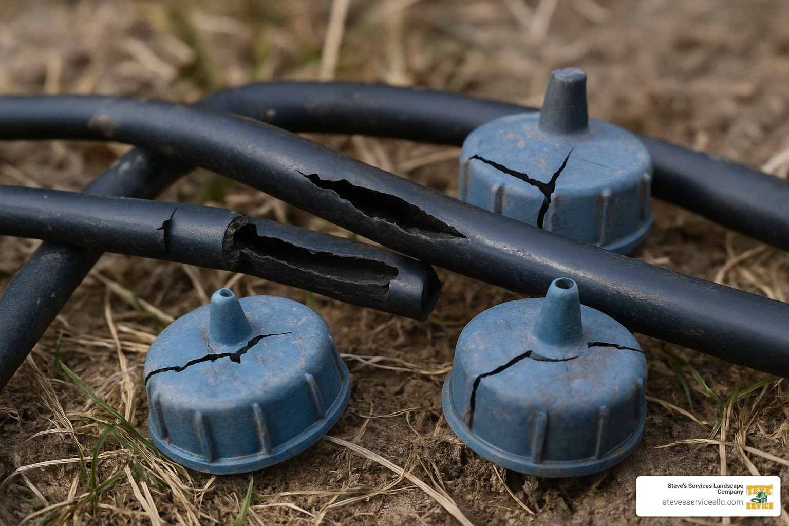 Damaged drip irrigation components showing cracked emitters and split tubing from freeze damage - gardena micro drip winter