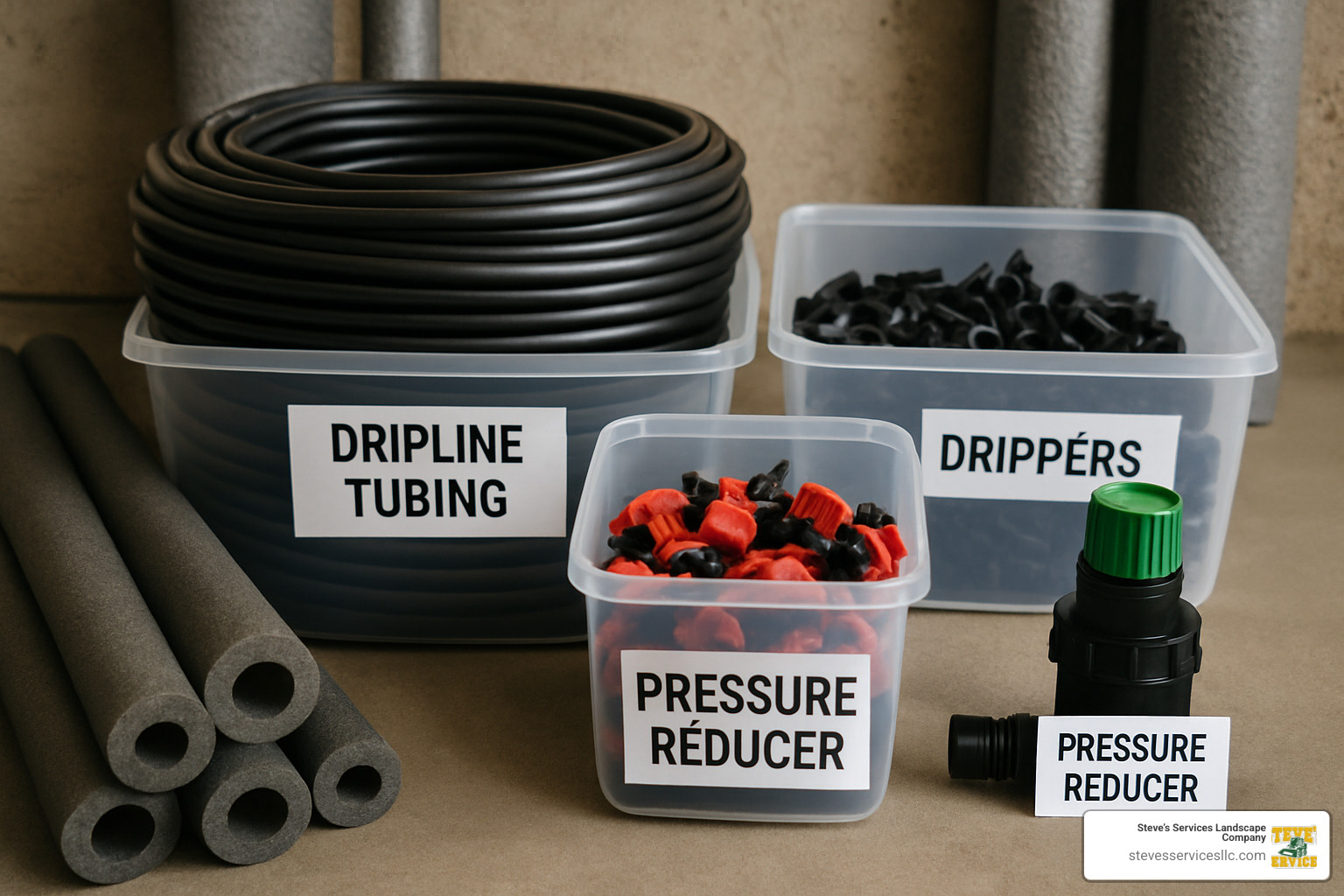 Properly stored irrigation components in labeled containers with insulation materials - gardena micro drip winter