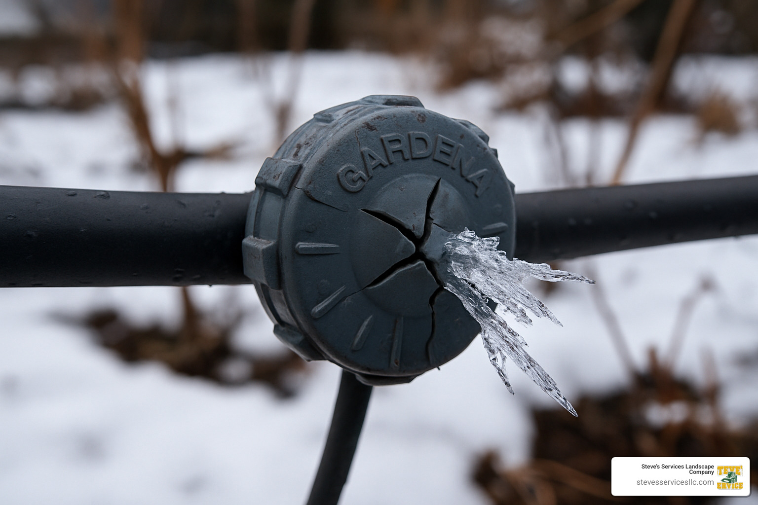 Close-up of ice damage to a drip emitter showing cracking and deformation - gardena micro drip winter