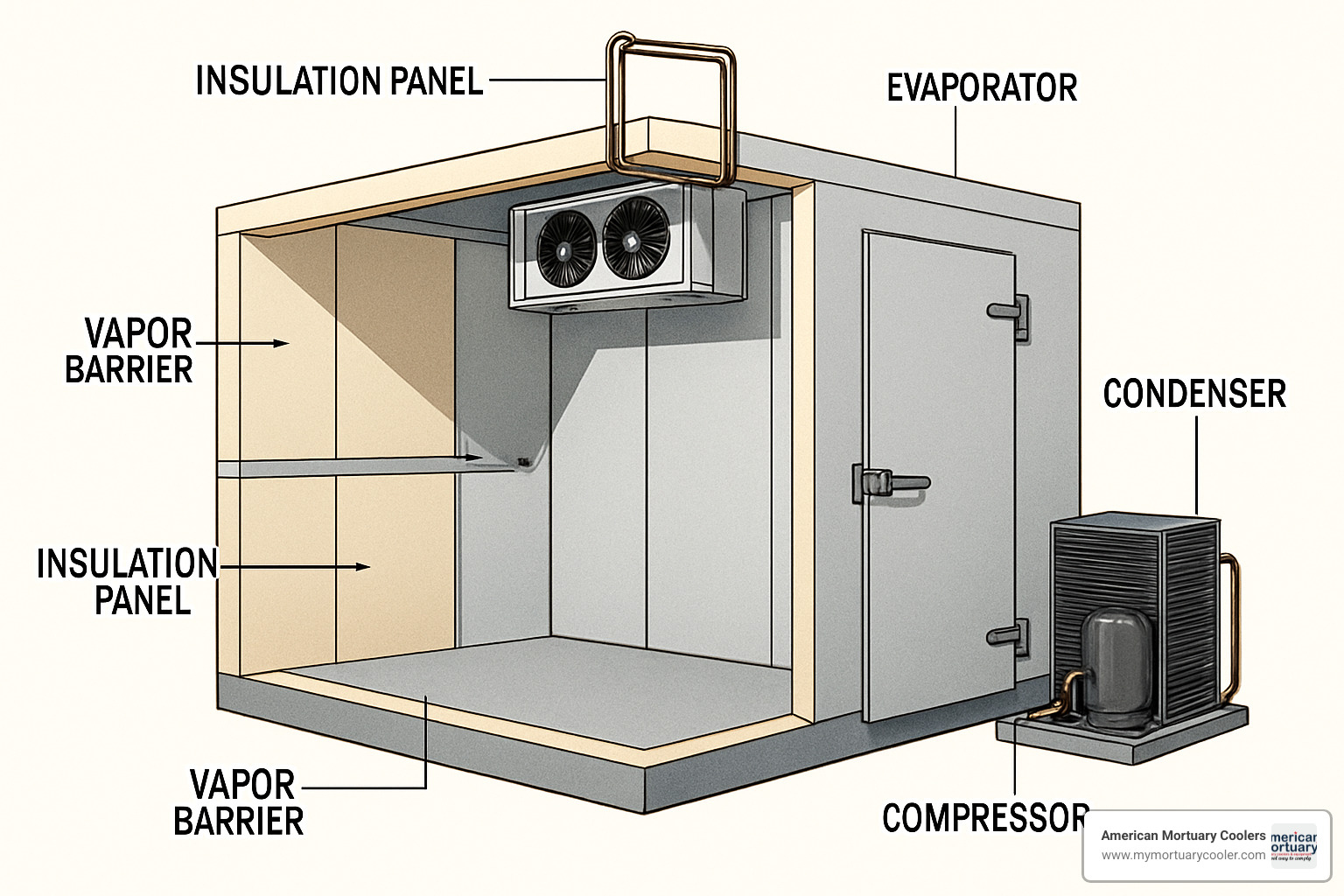 Cutaway diagram of a walk-in freezer showing insulation panels, refrigeration components, and vapor barrier - walk in freezer supplier