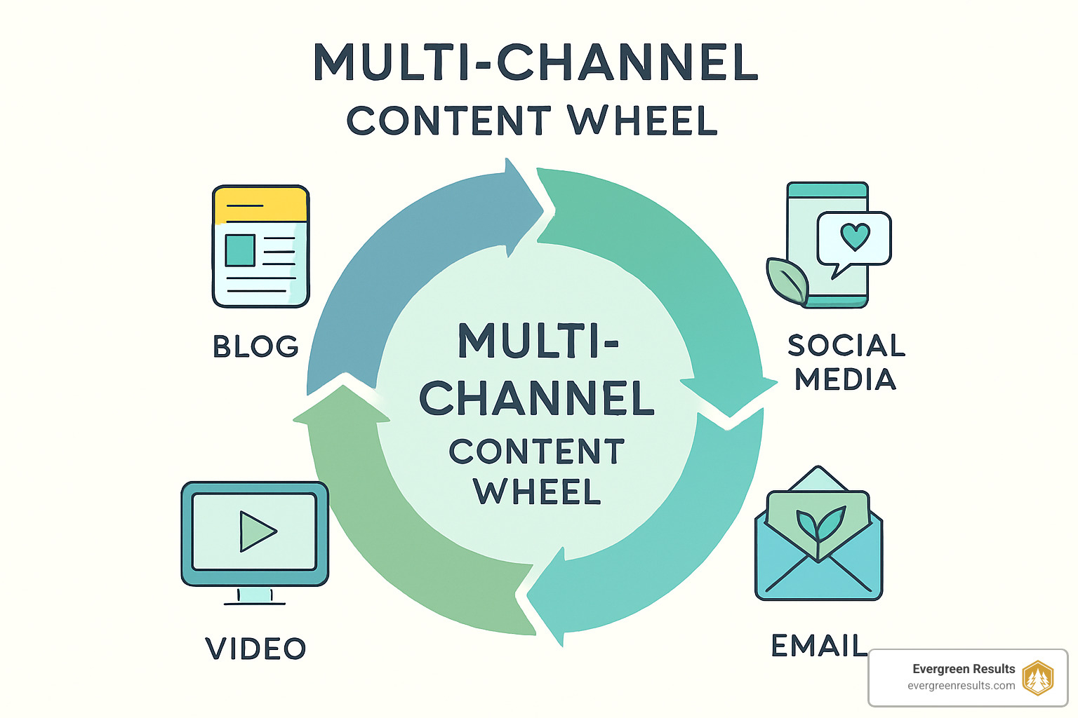 multi-channel content wheel showing blogs, social media, email, and video - content strategy for wellness