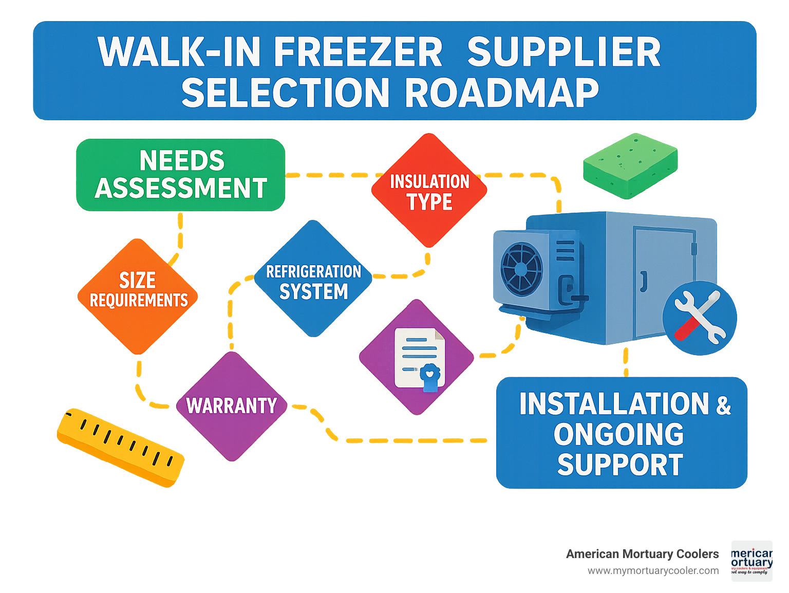 Walk-in freezer supplier selection roadmap showing the journey from needs assessment to installation and ongoing support, with decision points for insulation type, refrigeration system, size requirements, and warranty considerations - walk in freezer supplier infographic 