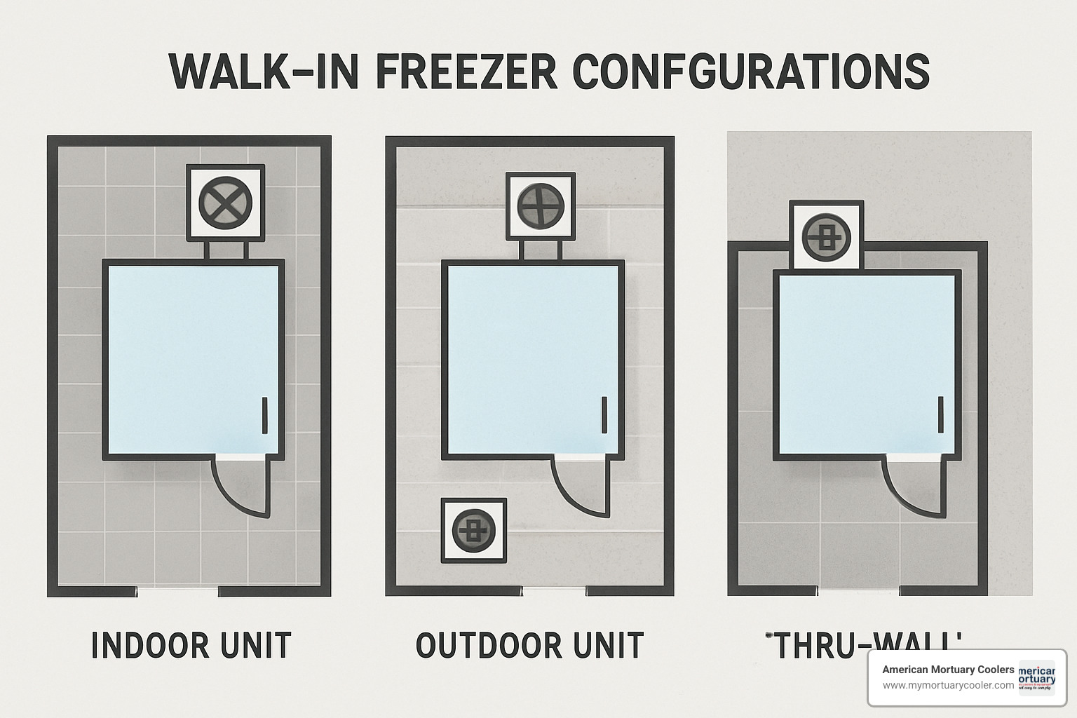 Floor plan options showing various walk-in freezer configurations including indoor, outdoor, and combination units - walk in freezer supplier
