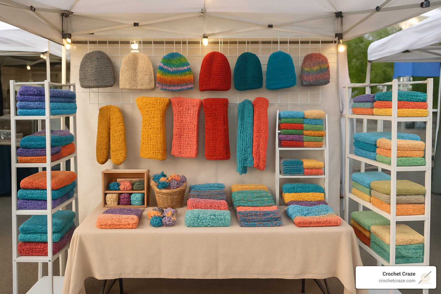 craft fair booth display with hanging items and organized product racks - easy crochet crafts to make and sell