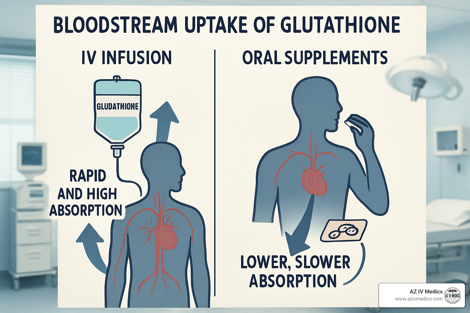 bloodstream uptake diagram showing IV vs oral absorption - glutathione iv benefits