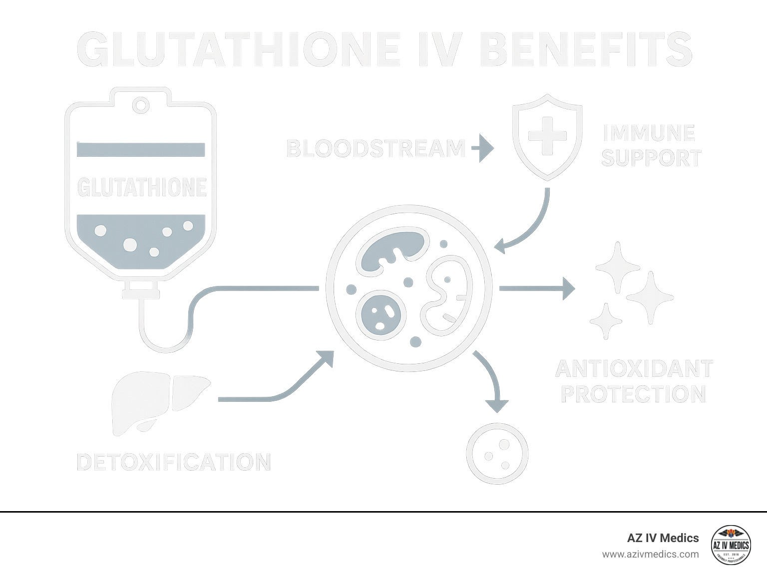 Detailed infographic showing glutathione's journey from IV bag through bloodstream to cells, illustrating detoxification process, immune support, and antioxidant protection with labeled pathways and cellular effects - glutathione iv benefits infographic 