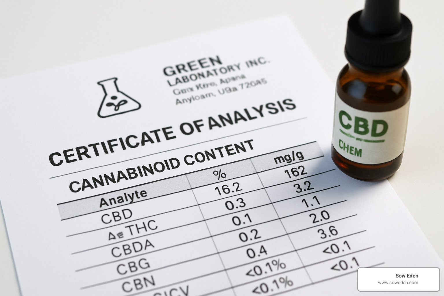 Certificate of Analysis showing cannabinoid content - CBD for stress and anxiety