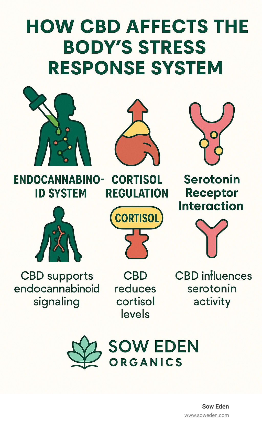 How CBD affects the body's stress response system showing the endocannabinoid system, cortisol regulation, and serotonin receptor interaction - CBD for stress and anxiety infographic 