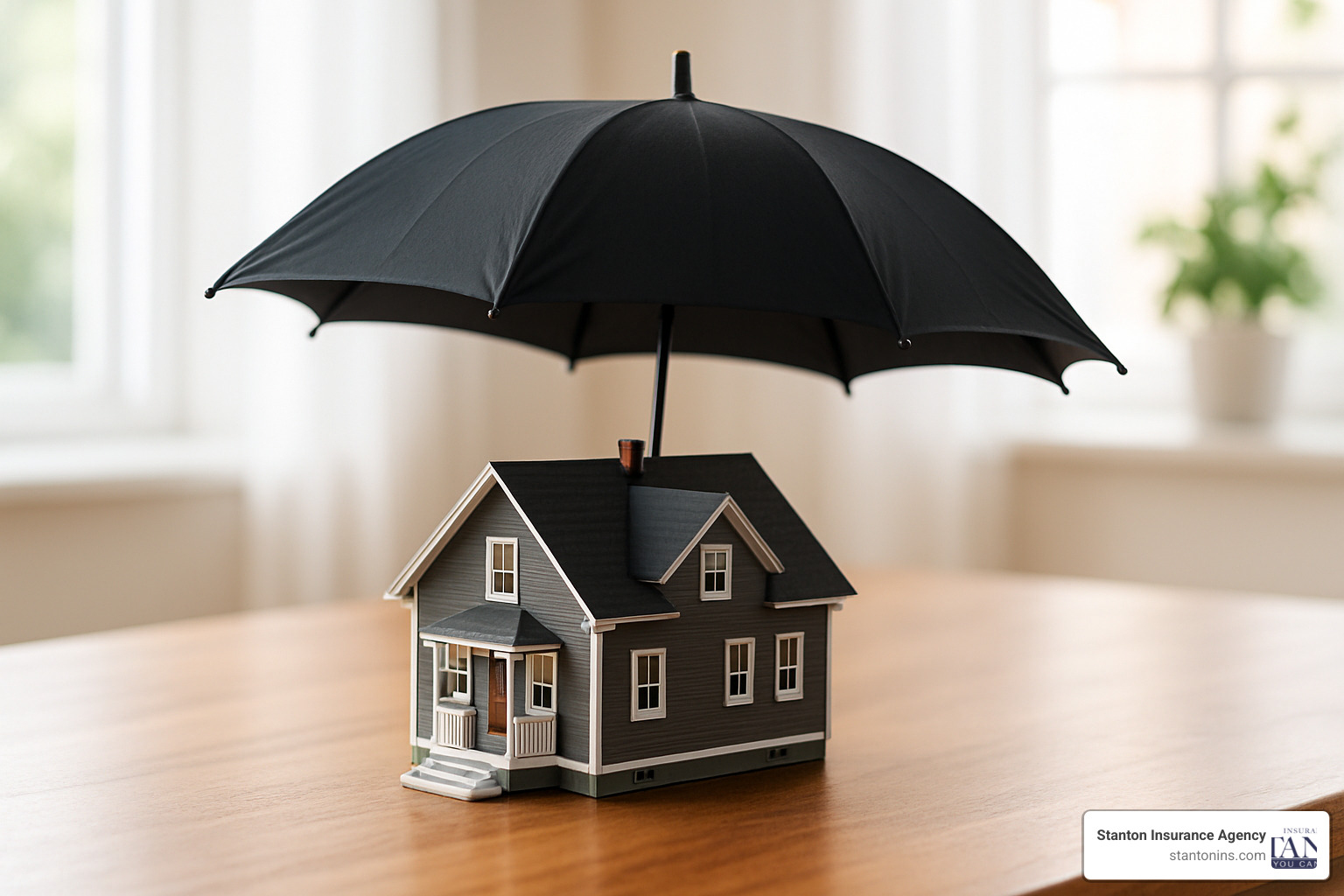 Umbrella over house model representing additional insurance protection - does homeowners insurance cover personal injury to the homeowner
