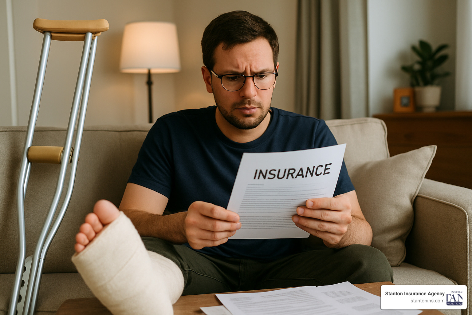 Person with broken leg at home looking at insurance papers - does homeowners insurance cover personal injury to the homeowner