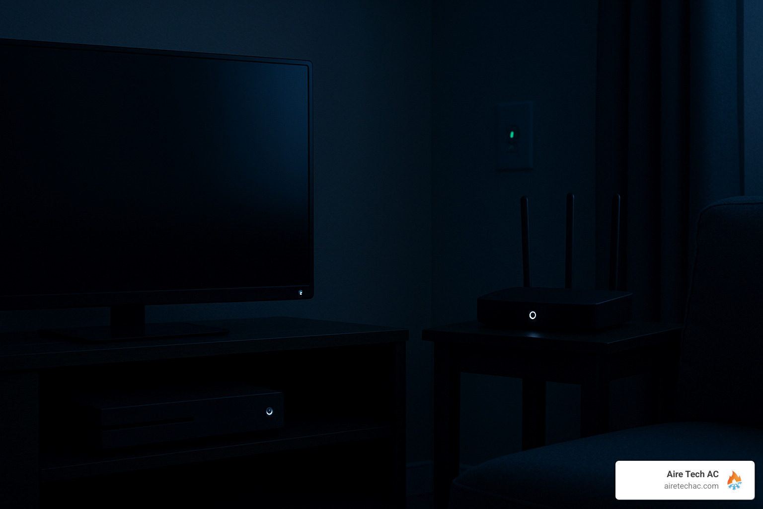 Energy vampire devices with standby lights glowing in a dark room - Going Away? Tips for Saving Energy While You Are Away on Vacation…or Just Work