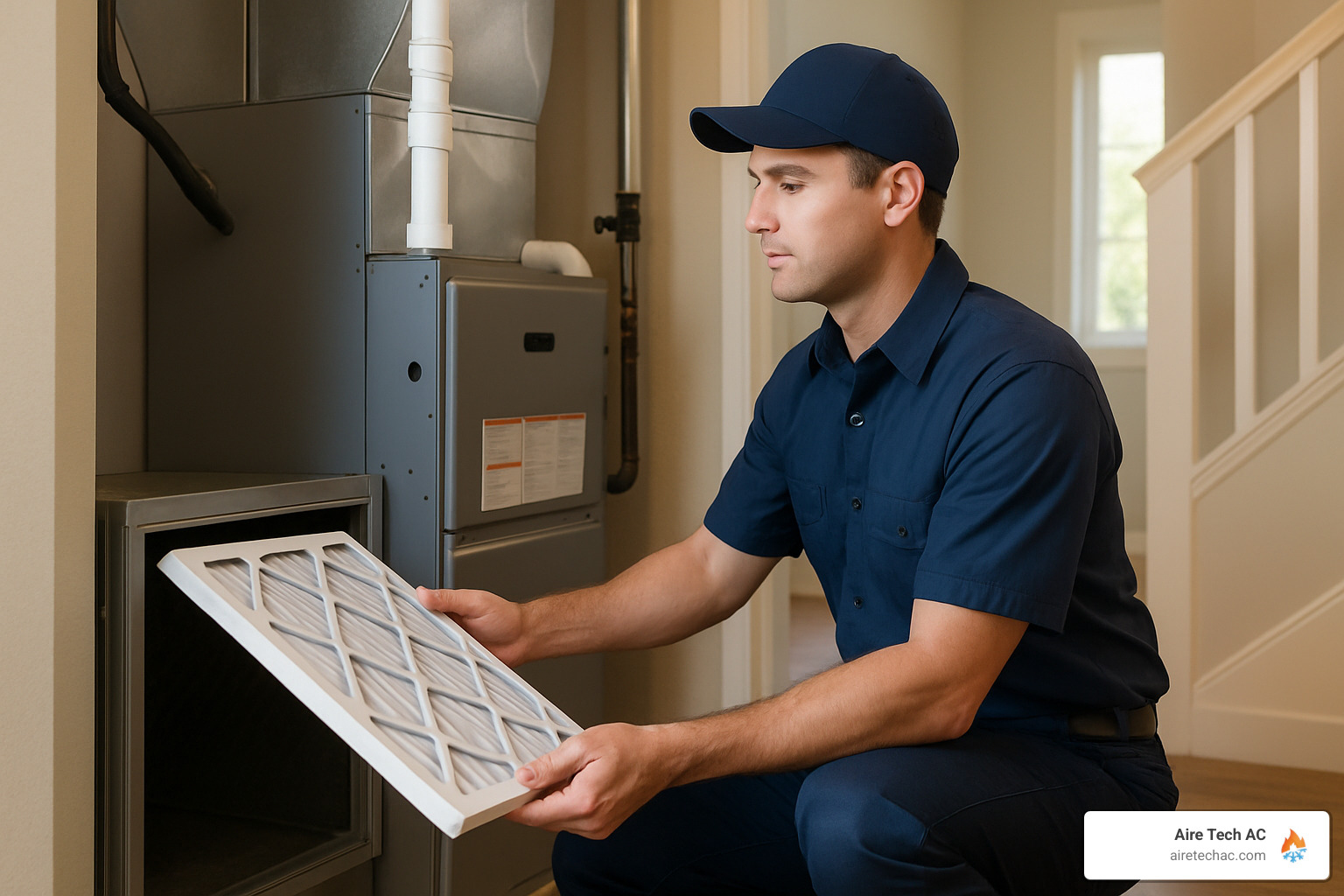 HVAC technician replacing air filter - Going Away? Tips for Saving Energy While You Are Away on Vacation…or Just Work