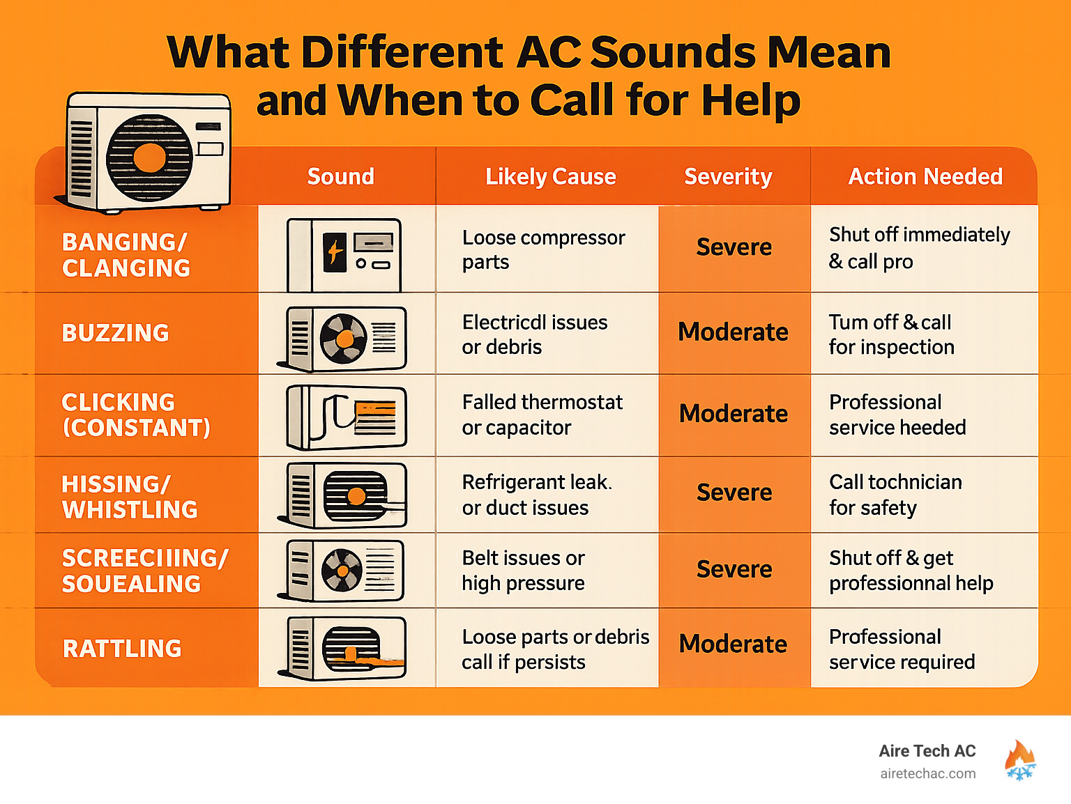 Comprehensive AC sound diagnostic chart showing different noises, their causes, severity level, and recommended actions, with illustrations of each sound pattern and component location - What Different AC Sounds Mean and When to Call for Help infographic 