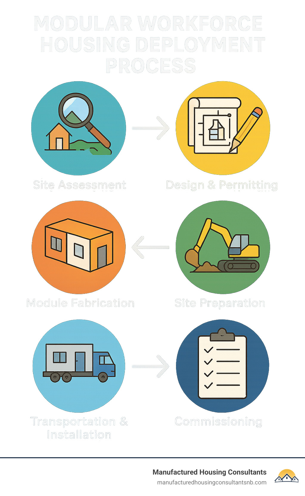 Modular workforce housing deployment process showing six steps: site assessment, design and permitting, module fabrication, site preparation, transportation and installation, and final commissioning - modular workforce housing infographic 